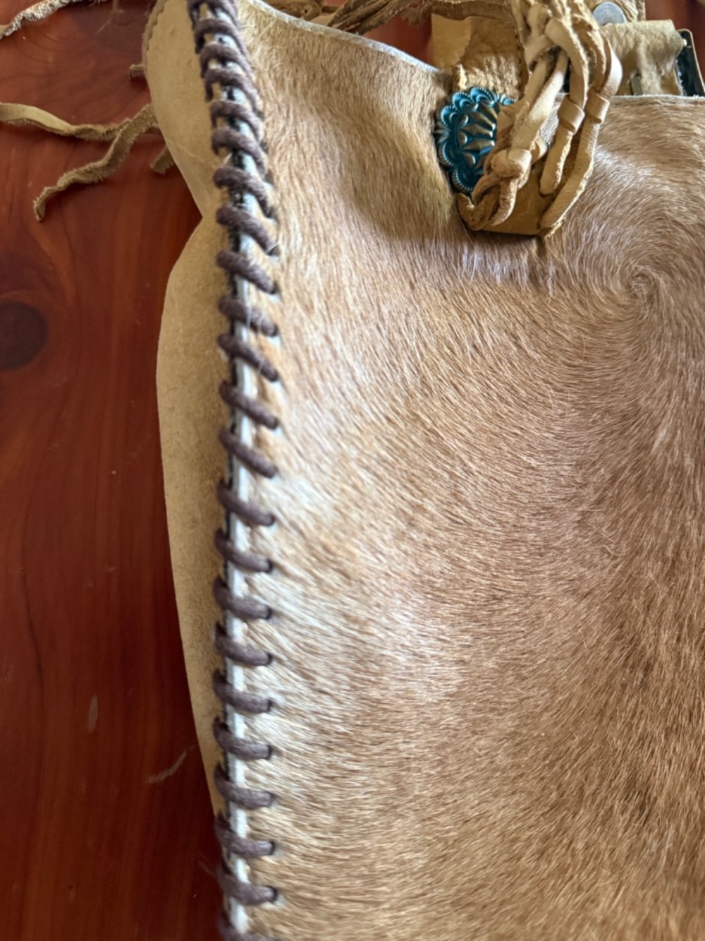 hand made leather cowhide tooled stitched fringe tote - Picture 9 of 9